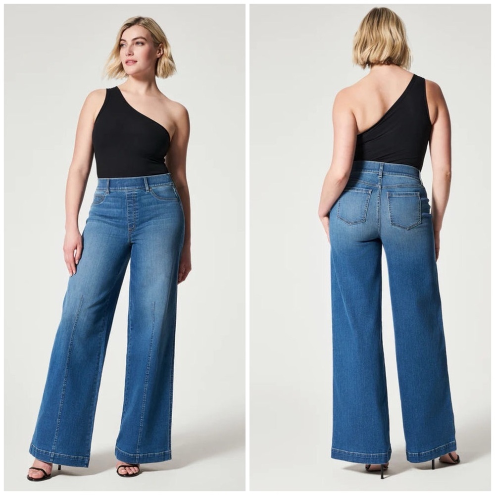 NWT SPANX Seamed Front‎ Wide Leg Jean in Vintage Indigo $168 Womens Small
